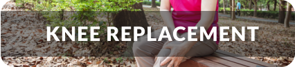 Senior woman sits on a bench in the park holding her knee in pain. Title reads: Knee Replacement