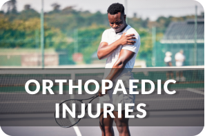 A young man in athletic wear stands on a tennis court, holding a tennis raquet in one hand and holding his shoulder in pain with the other hand. Title reads:Orthopedic Injuries