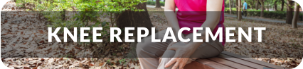 Senior woman sits on a bench in the park holding her knee in pain. Title reads: Knee Replacement